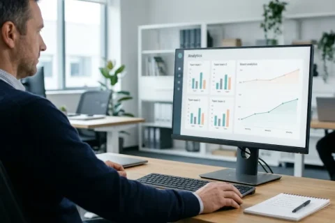 Operations manager tracking Copilot adoption metrics on a large monitor, with team usage trends shown as simple bars and lines over three months