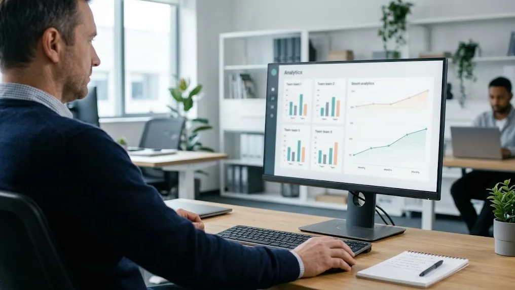 Operations manager tracking Copilot adoption metrics on a large monitor, with team usage trends shown as simple bars and lines over three months