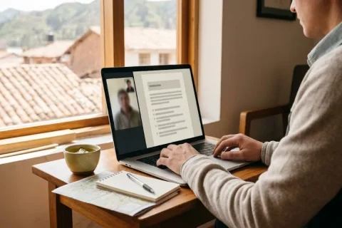 A traveler reads a list of questions on a laptop while talking with a trekking advisor in Cusco, preparing to ask a Machu Picchu trekking agency