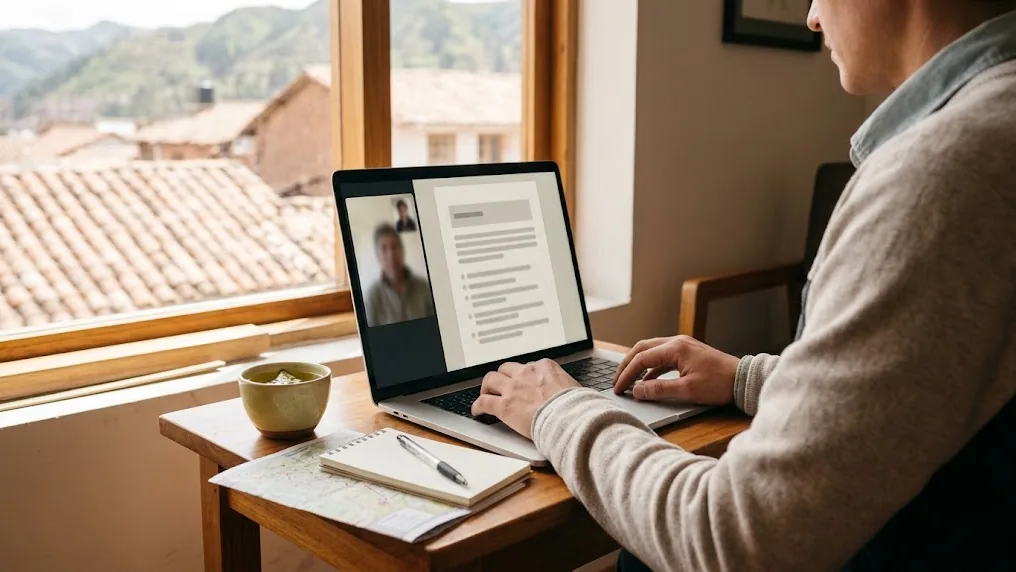 A traveler reads a list of questions on a laptop while talking with a trekking advisor in Cusco, preparing to ask a Machu Picchu trekking agency